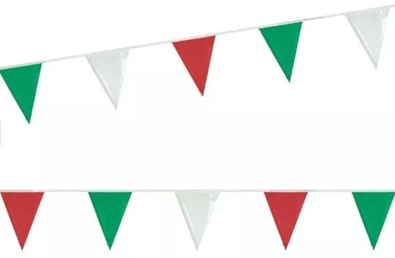 Tira de banderines triangulares intercalados en colores patrios (verde bandera, blanco y rojo) con guía de rafia blanca, ideal para decoración de eventos y fiestas patrias. Material plástico, 50 metros de largo, apto para exteriores. Tira de banderines triangulares intercalados en colores patrios (verde bandera, blanco y rojo) con guía de rafia blanca, ideal para decoración de eventos y fiestas patrias. Material plástico, 50 metros de largo, apto para exteriores.